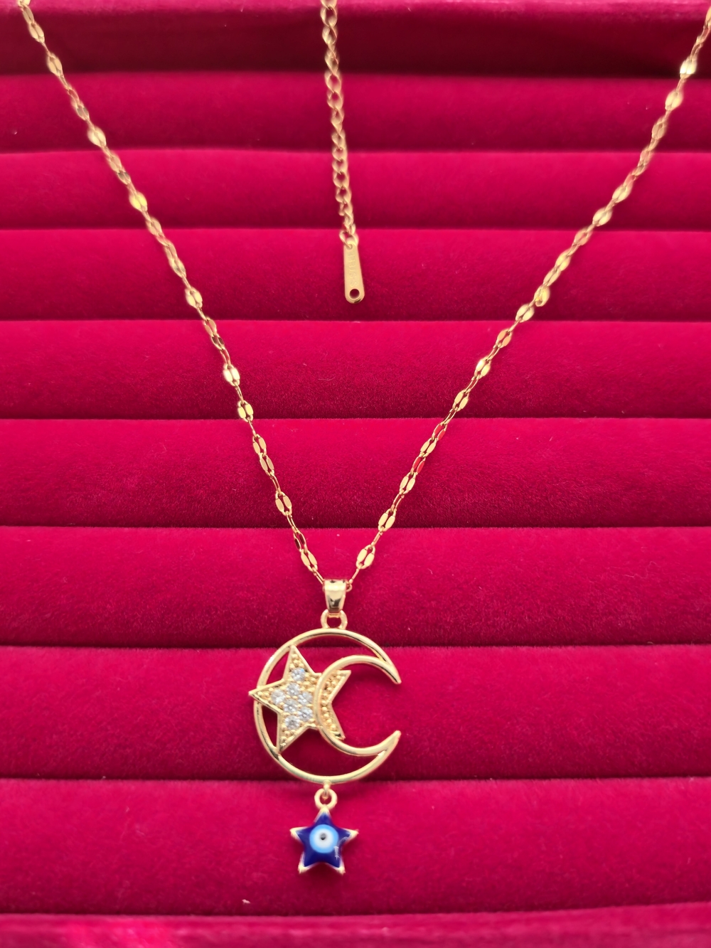 Celestial 18K Gold Moon & Star Pendant Necklace w/ Blue Enamel Charm B003